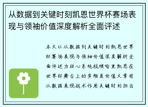 从数据到关键时刻凯恩世界杯赛场表现与领袖价值深度解析全面评述