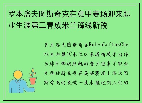 罗本洛夫图斯奇克在意甲赛场迎来职业生涯第二春成米兰锋线新锐